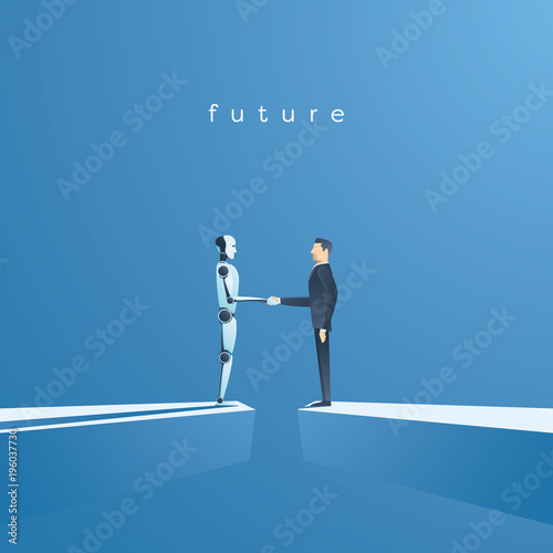 Ai or artificial intelligence vector concept with ai robot handshake with human. Symbol of future cooperation, technology advance, innovation.