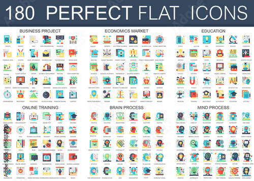 180 vector complex flat icons concept symbols of business project, economics market, education, online training, brain process, mind process. Web infographic icon design.