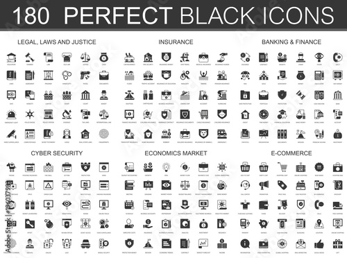 Legal, laws, justice, insurance, banking finance, cyber security, economics market and e-commerce black classic icon set.