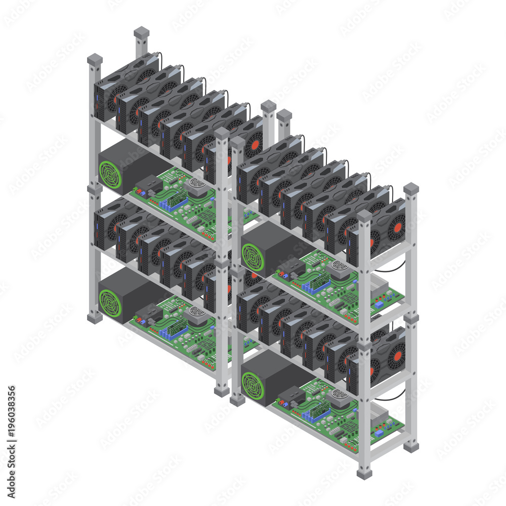 Isometric vector crypto currency mining farms concept with graphic ...