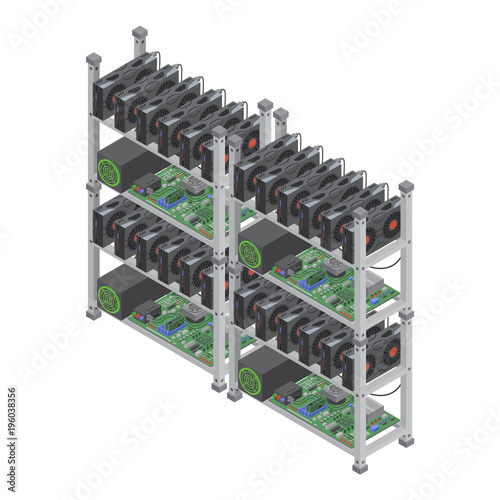 Isometric vector crypto currency mining farms concept with graphic video cards isolated.