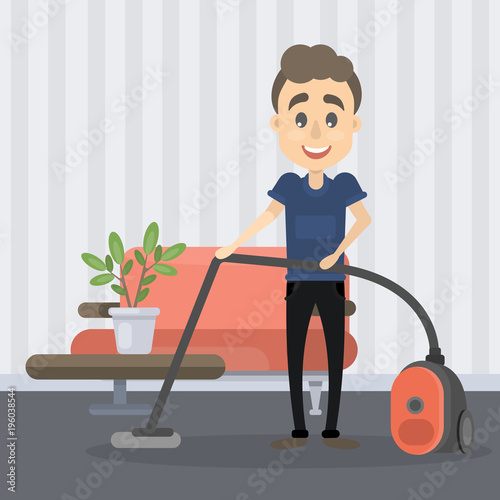 Man vacuum cleaning.