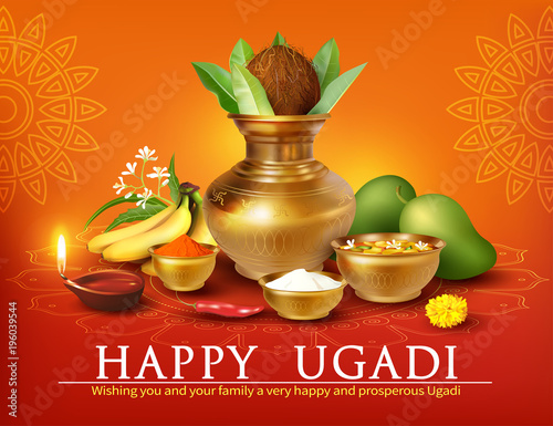 Greeting card with Kalash and traditional food pachadi with all flavors for Indian New Year festival Ugadi (Gudi Padwa). Vector illustration.