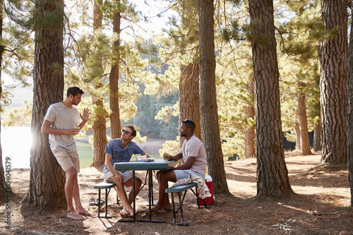 Three male friends hanging out talking by a lake