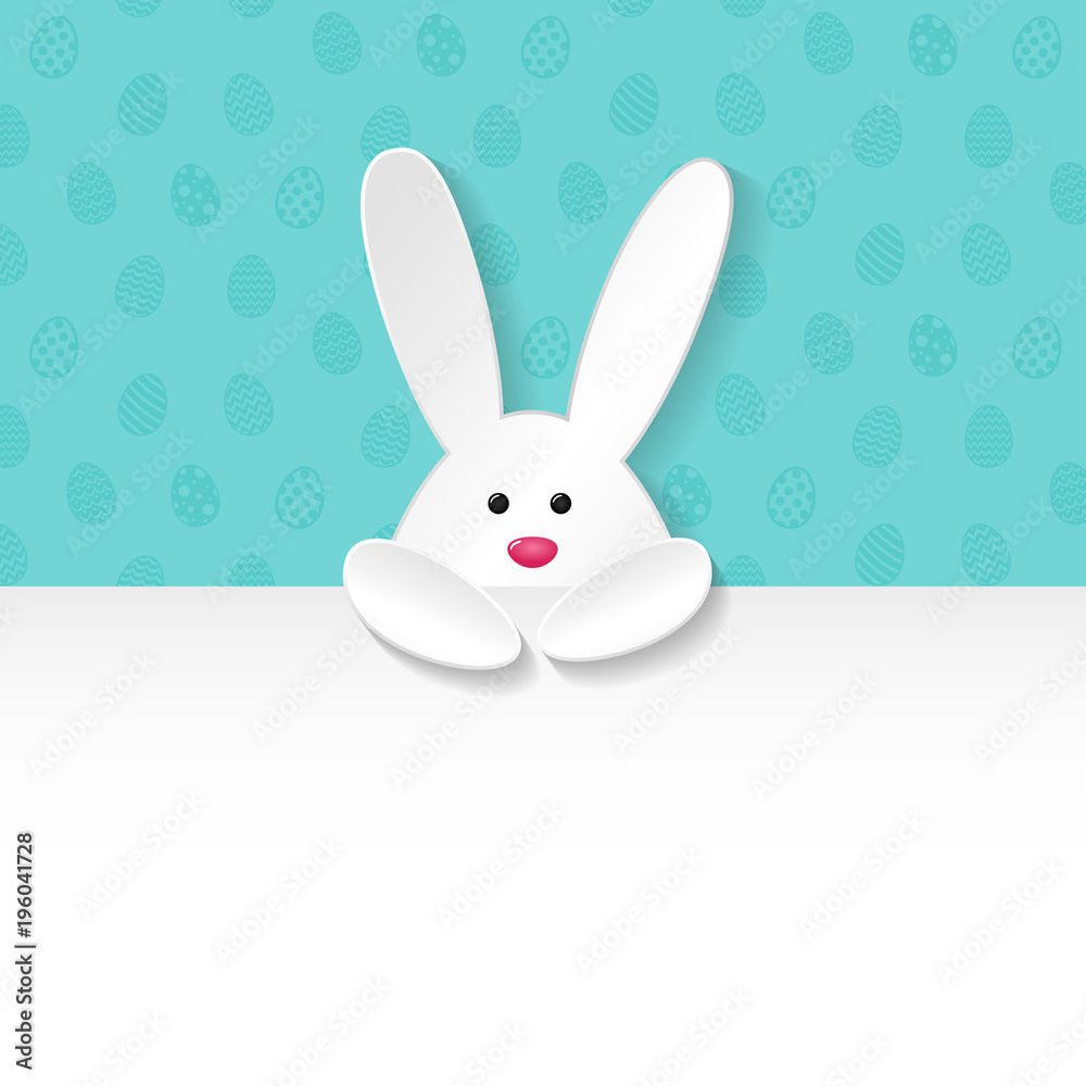 Easter background with white bunnies holding a card with copyspace. Vector.