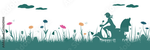 Happy Easter. Field with girl on scooter, Easter eggs, butterfly and flowers.