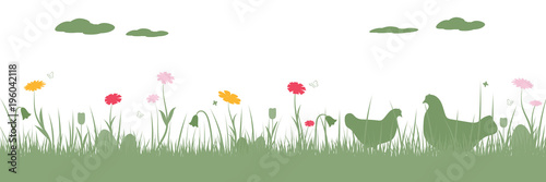 Happy Easter. Field with chicken, Easter eggs, butterfly and flowers.