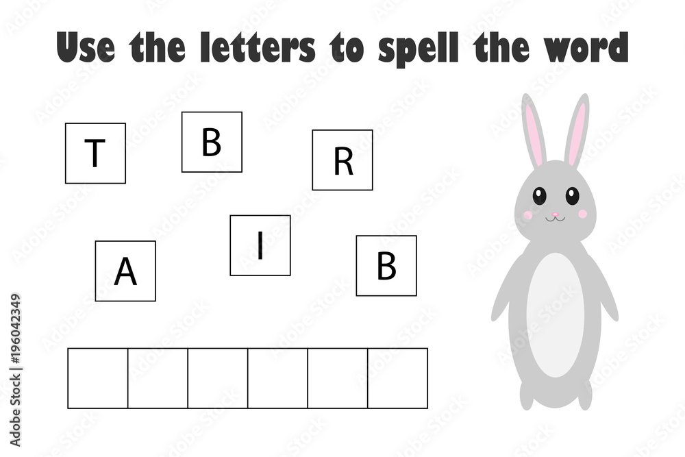Use the letters to spell the word, rabbit in cartoon style, easter