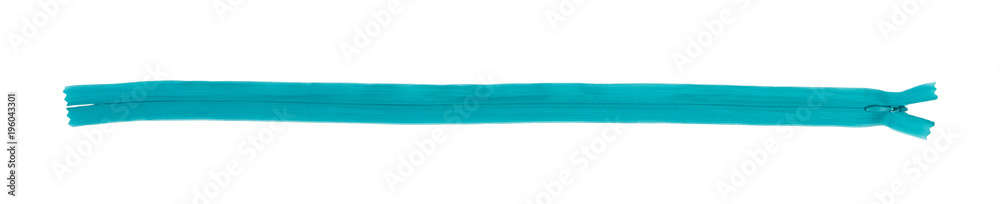 Blue zipper Isolated on white background. top view
