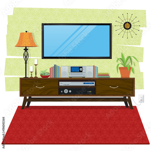 Stylized and cozy living room scene. Wooden entertainment center with electronics, books, houseplant and flat screen TV on wall.  Flat style with perspective, minimal detail, texture and shadow.