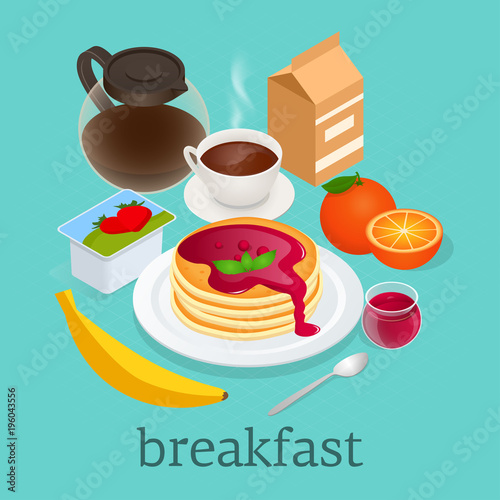 Isometric concept of pancakes topped with berry jam, hot tea, yoghurt, milk and banana. Delicious and healthy breakfast. Healthy food. Vector illustration