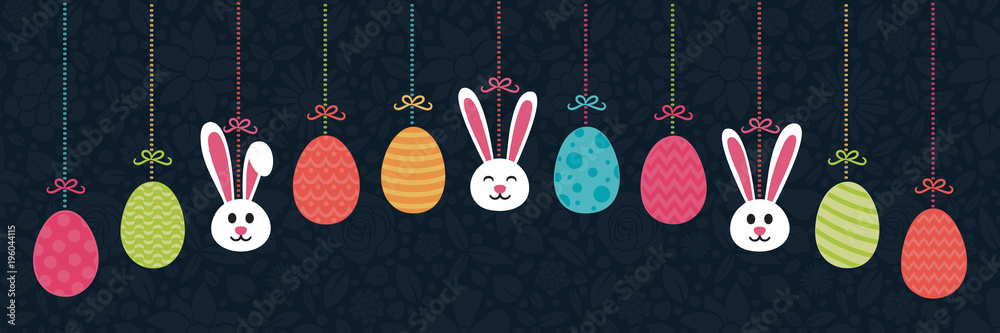 Hanging Easter decoration with bunnies and eggs. Vector.