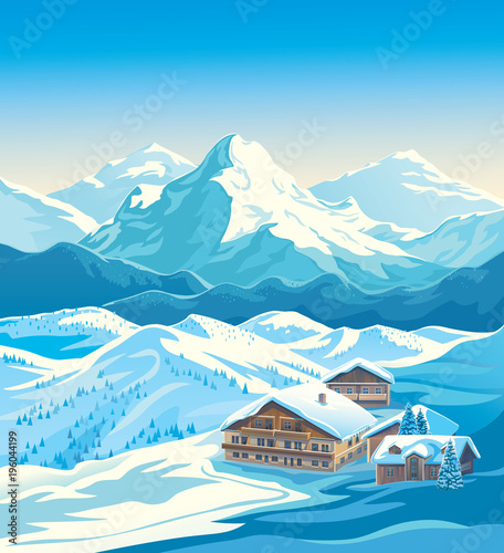 Winter landscape of a ski resort with mountains and a slope for skiing. Vector illustration.