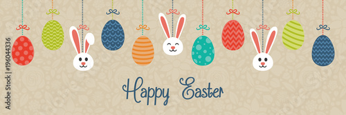 Pastel coloured Easter decoration with bunnies and eggs. Vector.