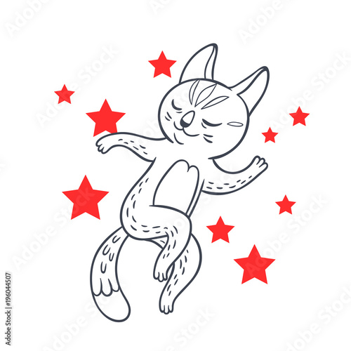 Vector hand drawn illustration of funny dancing cat on disco party. Cute animal character with neon lights on background. Contour sketch.