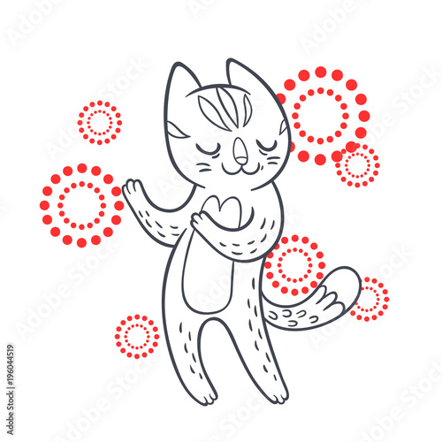 Vector hand drawn illustration of funny dancing cat on disco party. Cute animal character with neon lights on background. Contour sketch.