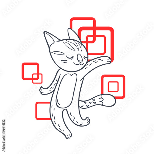 Vector hand drawn illustration of funny dancing cat on disco party. Cute animal character with neon lights on background. Contour sketch.