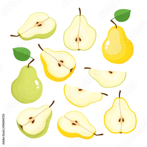 Bright vector set of juicy yellow pears isolated on white.