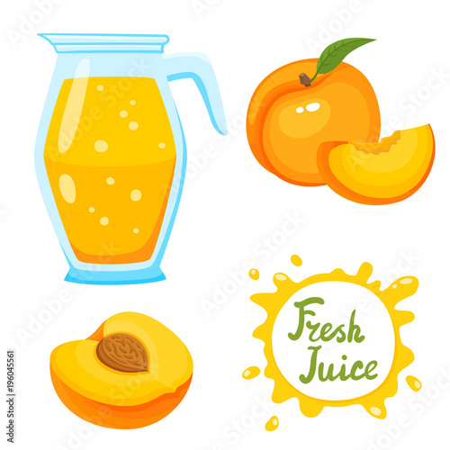 Vector set of fresh peach juice in jar and peaches