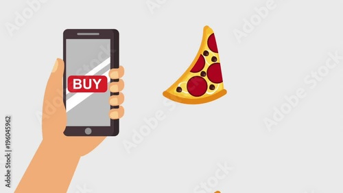 hand holding smartphone with pizza on the screen order fast food online