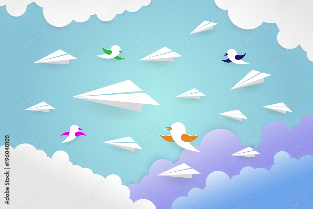 Fototapeta Papierowy samolot z ptaszkiem na niebie, ilustracji wektorowych. sztuka papieru i cyfrowy styl rzemieślniczy