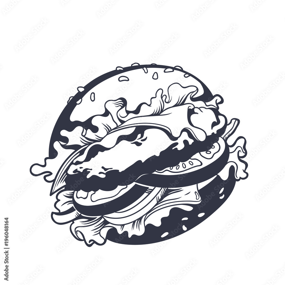 Vector graphic illustration of delicious burger with vegetables. Black and white sign. Fast food symbol. Vector graphic illustration of delicious burger with vegetables. Black and white sign. Fast food symbol.