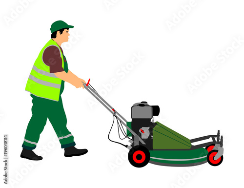 Gardener man mowing lawn mower vector illustration. Grass trimmer cutting. Professional garden worker.