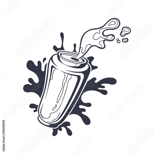 Vector hand drawn black and white illustration of can with beer or soda. Aluminum bottle with drink splash isolated on white