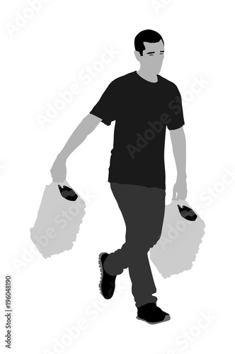 Man carrying boxes of goods. Delivery man with service. Distribution and procurement. Boy holding heavy package for drink store.