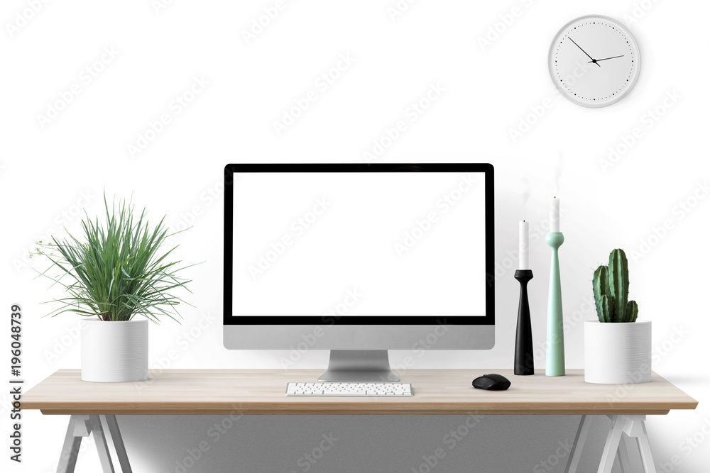Moderne Arbeitsplatz mit Computer, Blumen und Dekoration - Textfreiraum  Stock-Foto