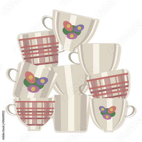 group of vector light ceramic tea cups with cages and flowers made up one on top of another isolated on white background with