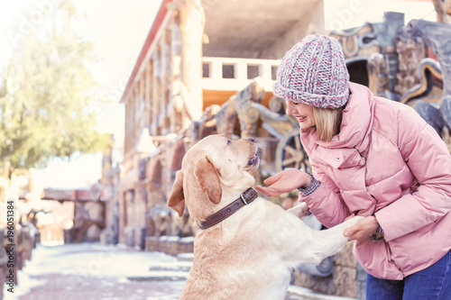 Woman walking cute dog outdoors on winter day. Friendship between pet and owner