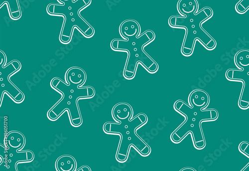 gingerbread man seamless pattern, thin line style. isolated on green background