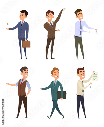 Real estate agents selling different buildings. Set of business characters