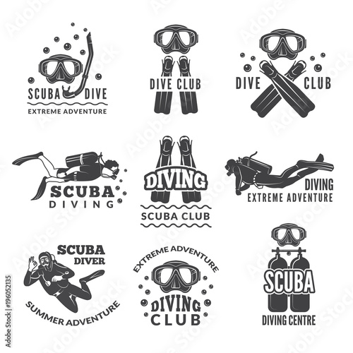Labels or logos for diving club. Vector pictures set of divers and different specific equipment