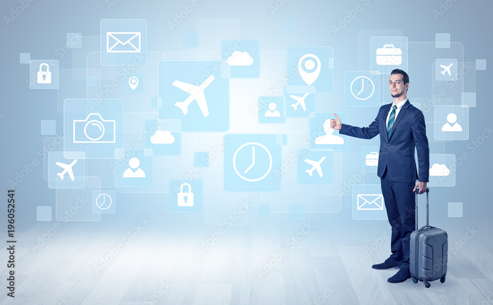Businessman departs to a business trip with symbols Businessman departs to a business trip with symbols