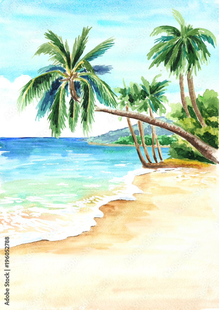 Seascape. Summer tropical beach with golden sand and palmes. Hand drawn watercolor illustration