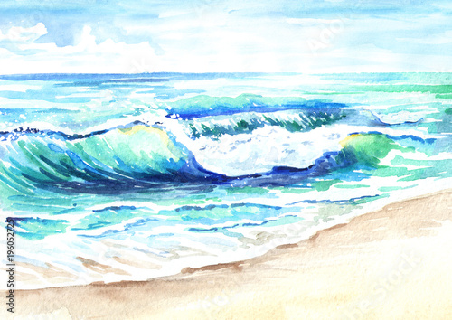 Seascape. Ocean wave. Hand drawn watercolor illustration