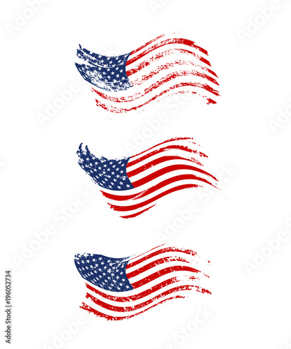 Vintage waving USA flag set. Vector waving American flags on grunge texture.