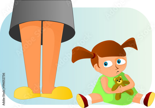Little resentful girl sitting in front of mother