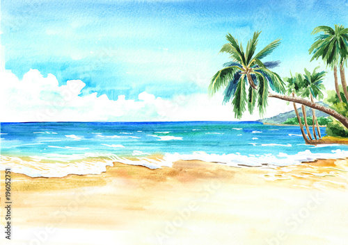 Fototapeta Naklejka Na Ścianę i Meble -  Seascape. Summer tropical beach with golden sand and palmes. Hand drawn horizontal watercolor illustration
