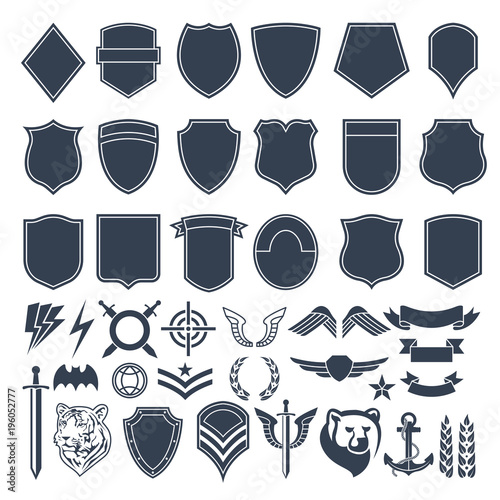 Set of empty shapes for military badges. Army monochrome symbols