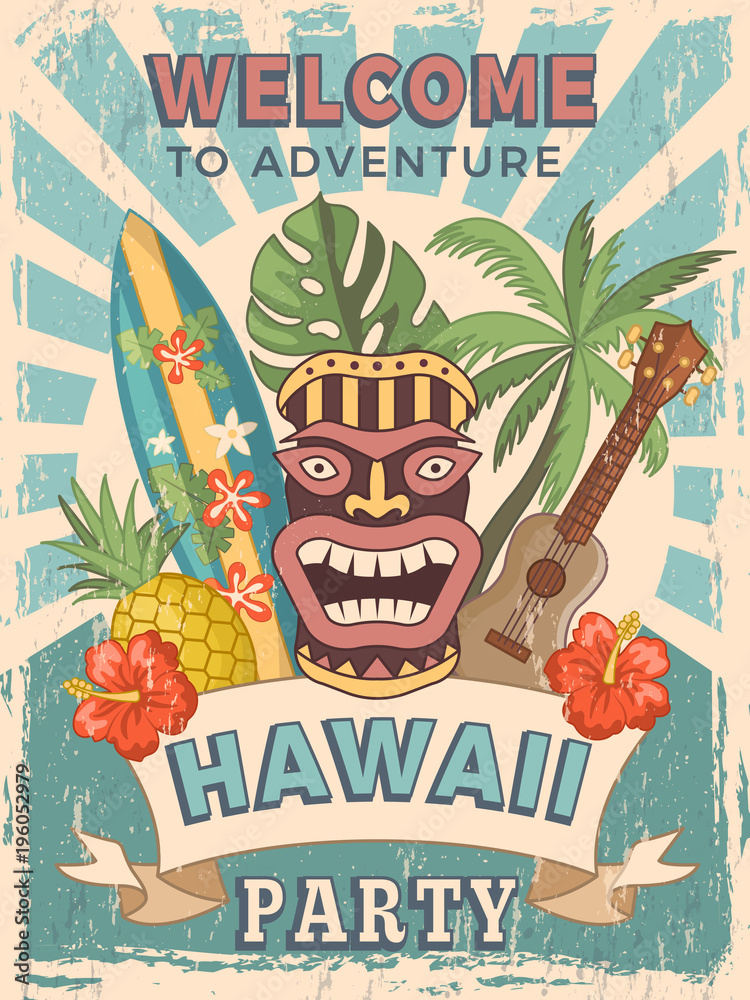 Photo & Design template of retro poster invitation for hawaiian party