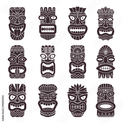 Monochrome vector illustrations set of tribal god tiki