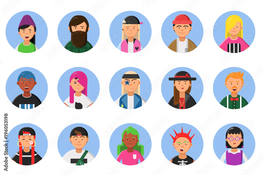 Web funny avatars set of different hipsters male and female Web funny avatars set of different hipsters male and female