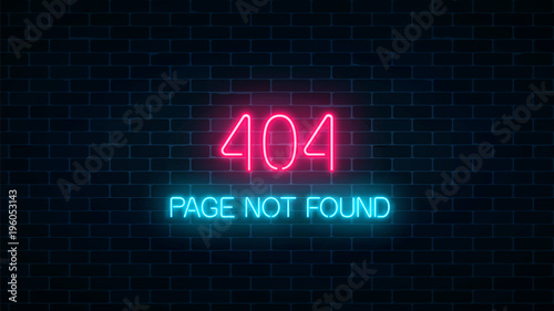 Neon sign of 404 error page not found on dark brick wall background. Red and blue neon connection error web site page.