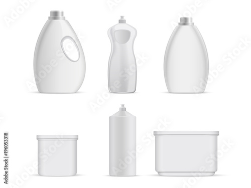 Sanitary plastic empty bottles with chemical liquids for cleaning services