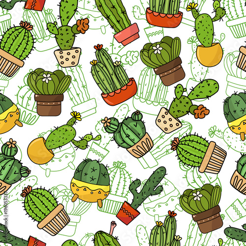 Seamless background, wallpaper, texture, backdrop cartoon cacti. Collection of vector doodle illustrations. Template for printing, web design, packaging, cover, postcard, advertising. Cactus in pots