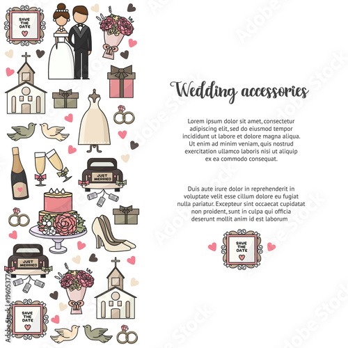 Decorative cover with hand drawn colored cartoon doodle wedding icons. Collection of romantic symbols. Wedding, marriage, bride, groom, engagement. Vertical pattern, packing, texture, wallpaper card