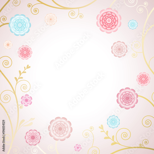 Floral background. Pink flowers. Border. Leaves. Peonies. Gradient. Branches. Curls.